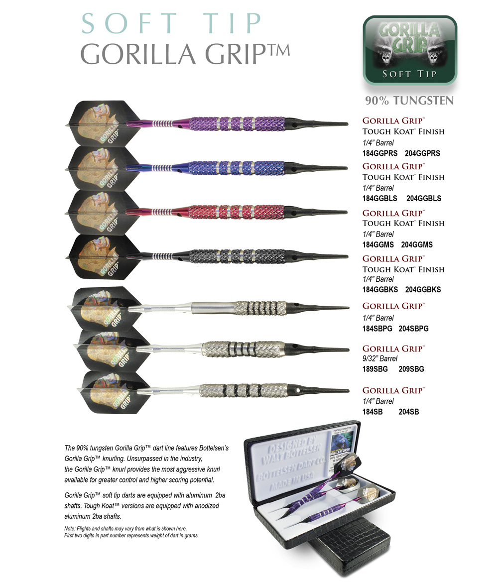 Bottelsen Gorilla Grip Precision Grip Dart Set of 3 Darts 18 Grams 184SBPG Tips 